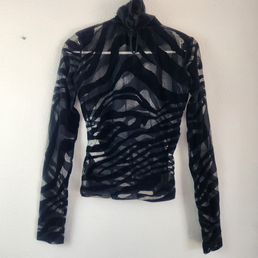 Just Cavalli Black Sheer Top Shirt Long Sleeve Size 40 US Small High Neck Velvet - Picture 4 of 9